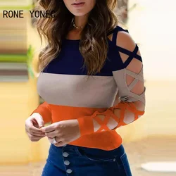 Women Chic Fashion Long Hoillow Out Sleeves Striped Basic Skinny Blouse Tops