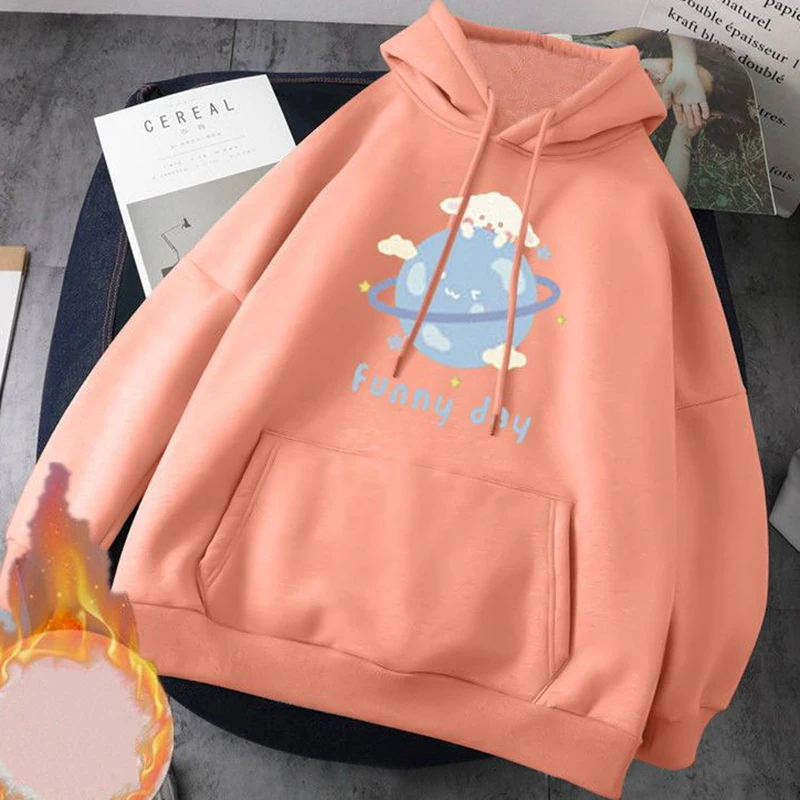 ABRINI Women Thicken Warm Hooded Pullovers Printed Long Sleeve Loose Autumn Winter Casual Hoodies Fleece Sweatshirts Hoodies