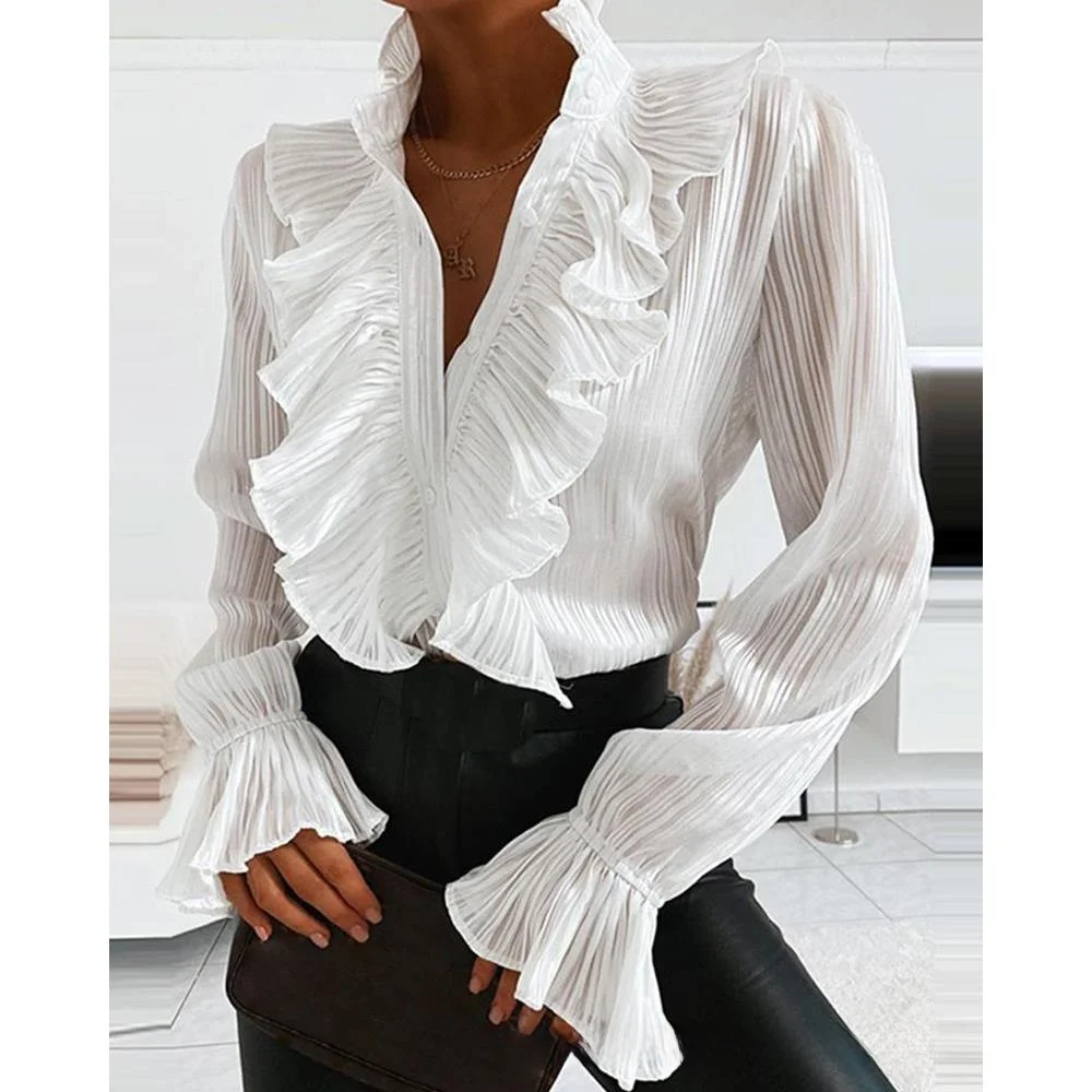 

Ele Women's Single Ruffled Flared SVE Pleated irt Long Sve Lace Top Faionable Lady's Gown with Batwing Sves