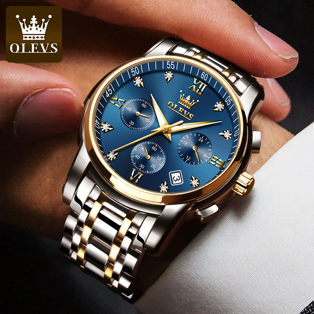 New Gold Watch OLEVS Quartz Watch for Men Chronograph Stainless Steel  Luminous Waterproof Wristwatch Business Men\'s Watches