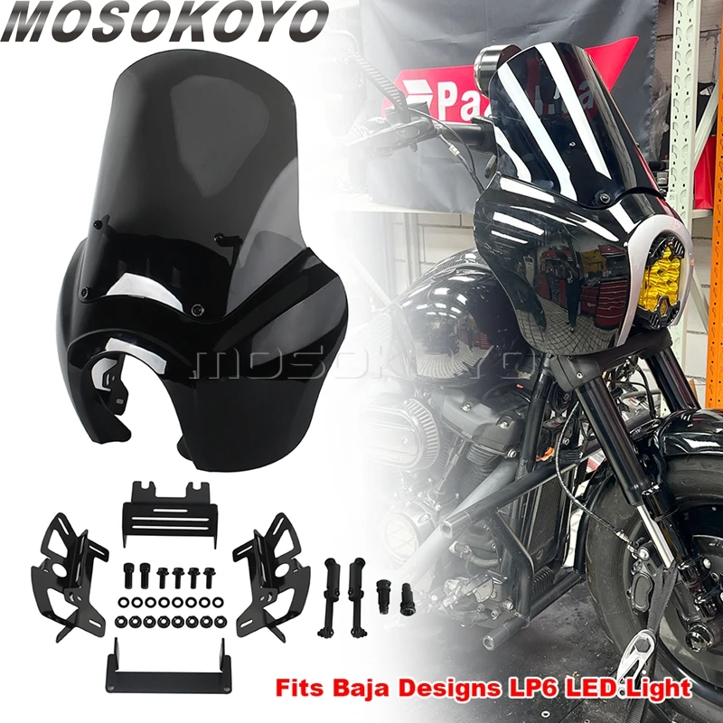 Motorcycle Club Style Headlight Fairing W/ Bracket For Baja Design LP6 Lights 15in Windshield For Harley Softail Softail Fat Bob
