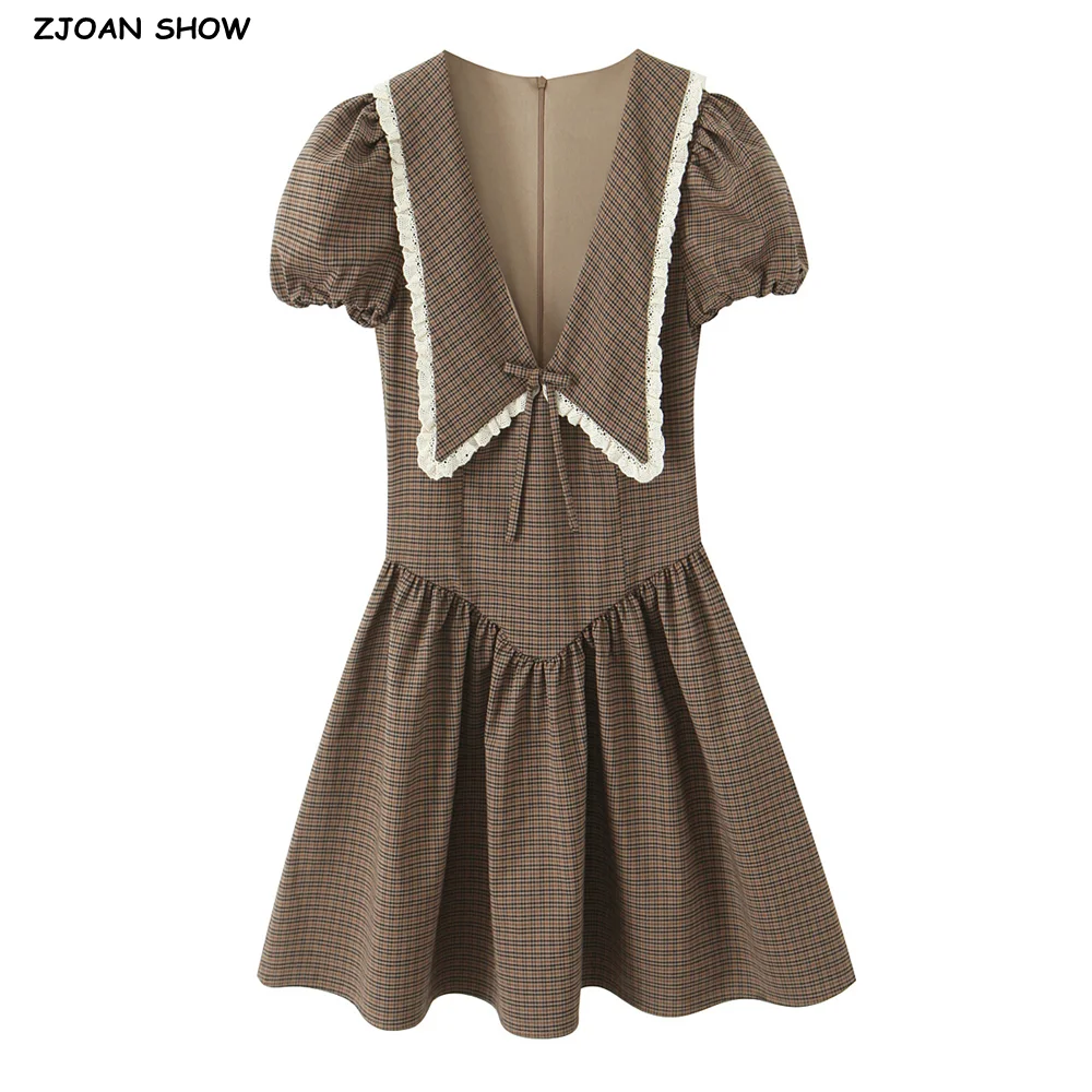 

New 2025 Sexy Coffee Plaid Lapel Collar Low Waist Mini Dress Short Puff Sleeve Women Ruched Swing Hem A-lined Dresses CHIC Robe