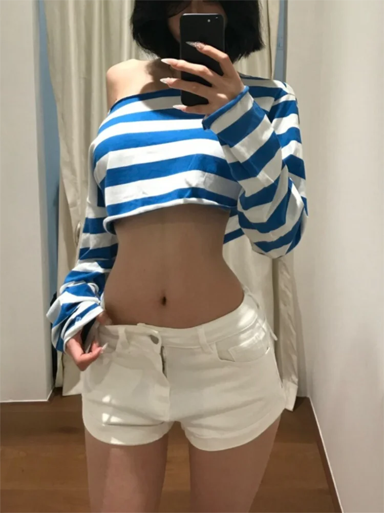 Loose Off Shoulder Striped Long Sleeves T-shirt Women Autumn Spicy Girl Crop Top Y2k Grunge 2000s Aesthetic Streetwear Top