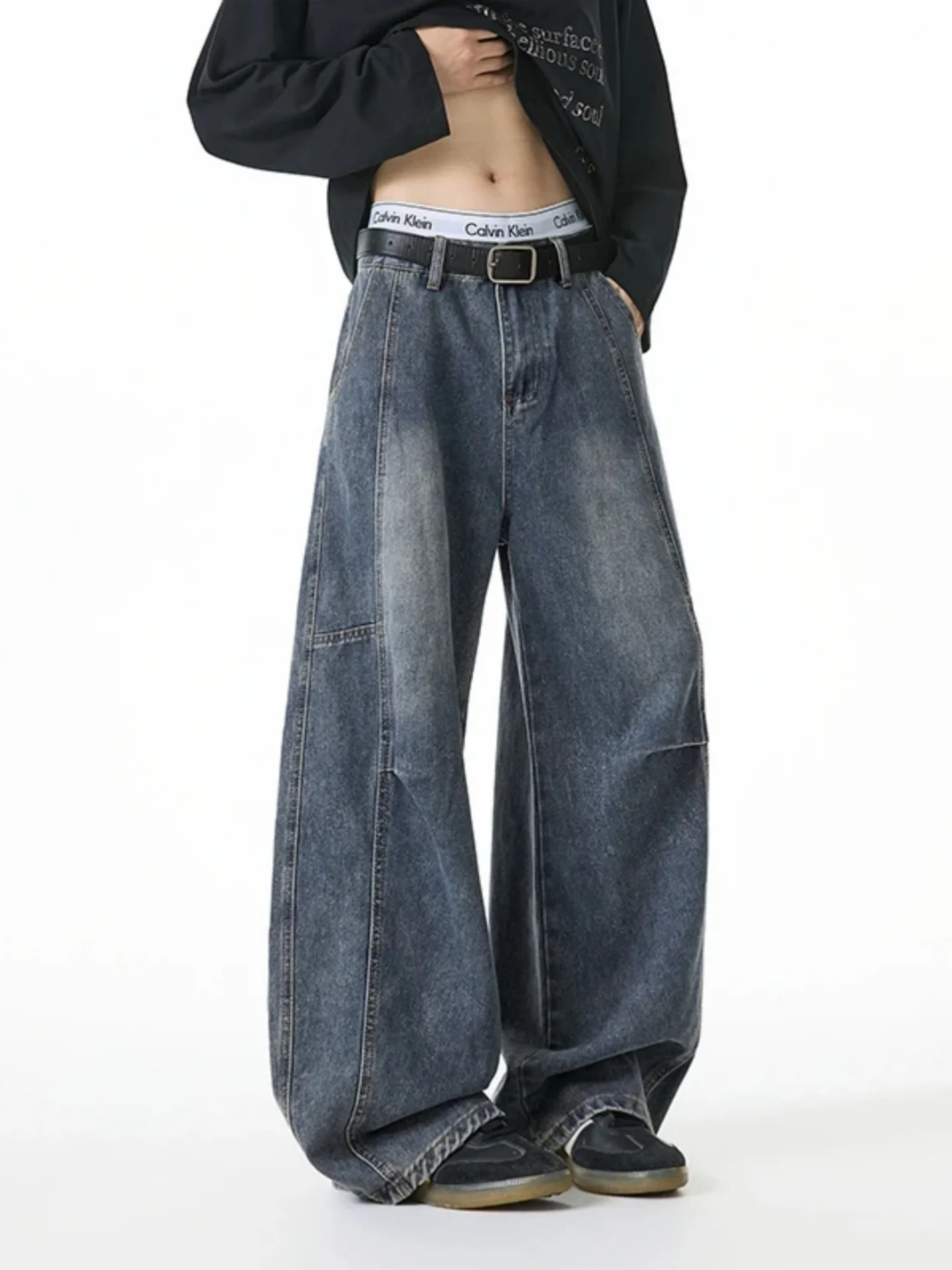 

Waed Patchwork Pleated Men's Straight Loose Wide Leg Jeans American Sle Knife Spring Clean Fit Trousers Casual Faion