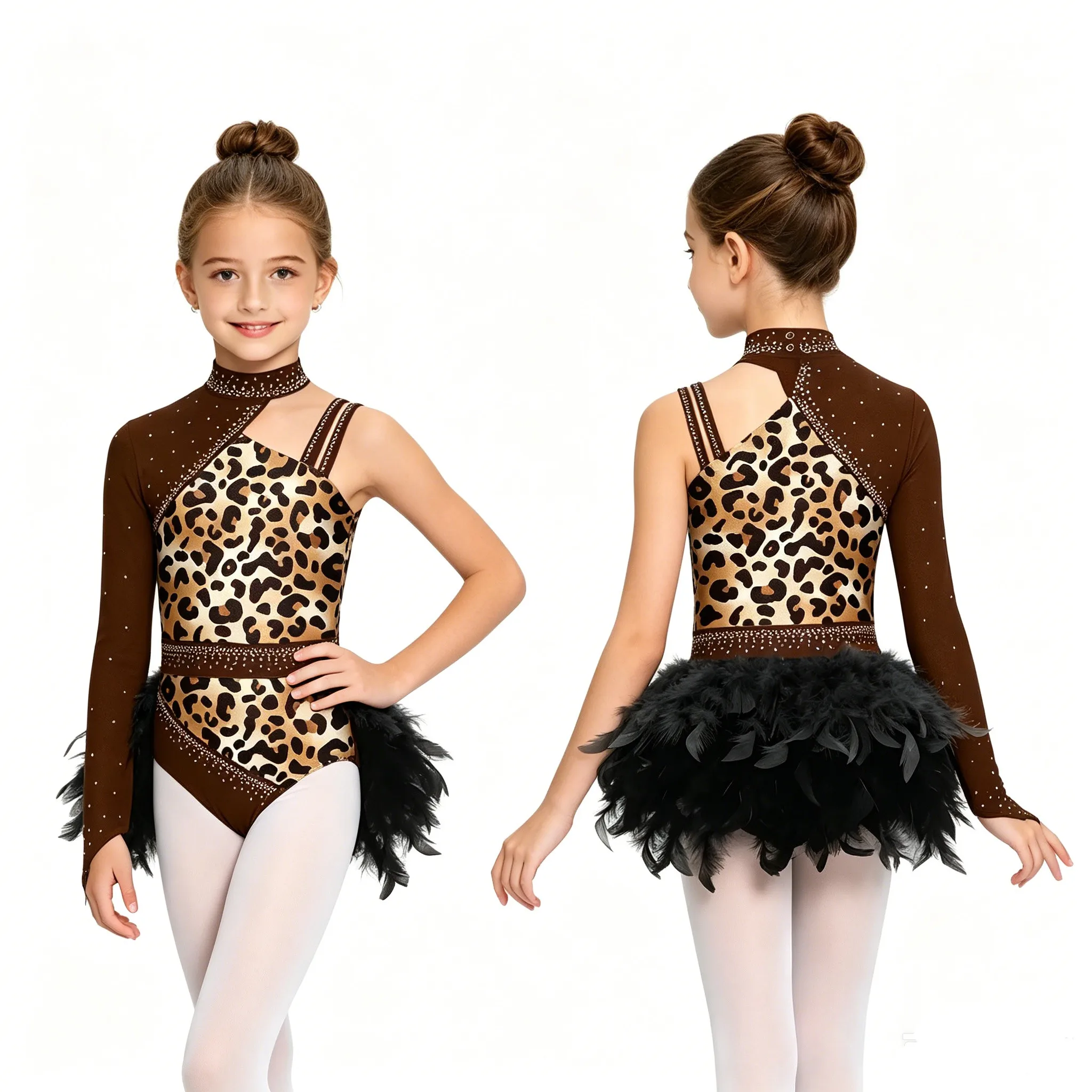 Kids Girls Shiny Rhinestones Print Feather Figure Skating Ballet Gymnastics Tutu Leotard Dress Jazz Dance Performance Bodysuit