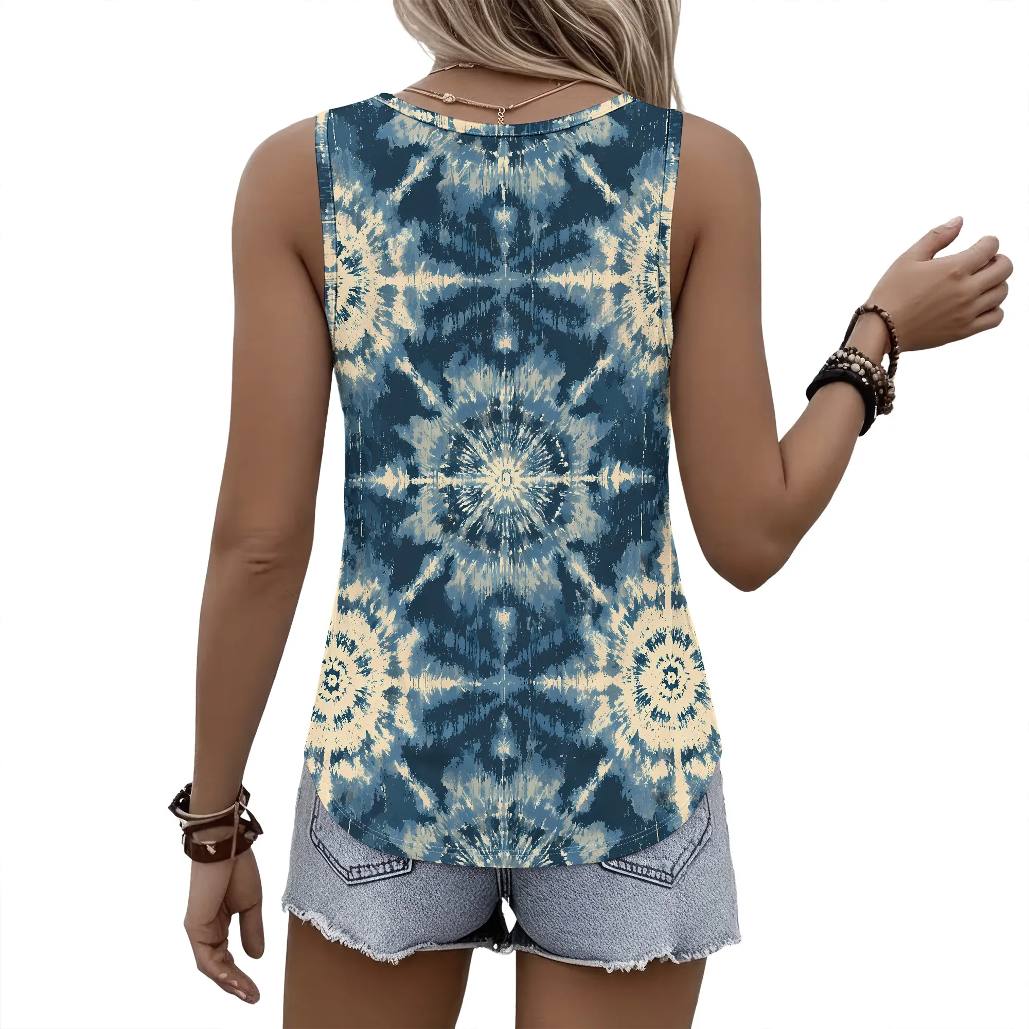Tie Dye Tank Top, Boho Sleeveless Shirt, Blue Mandala Print Blouse, Casual Summer Tee, Beach Vacation Outfit, S-2XL
