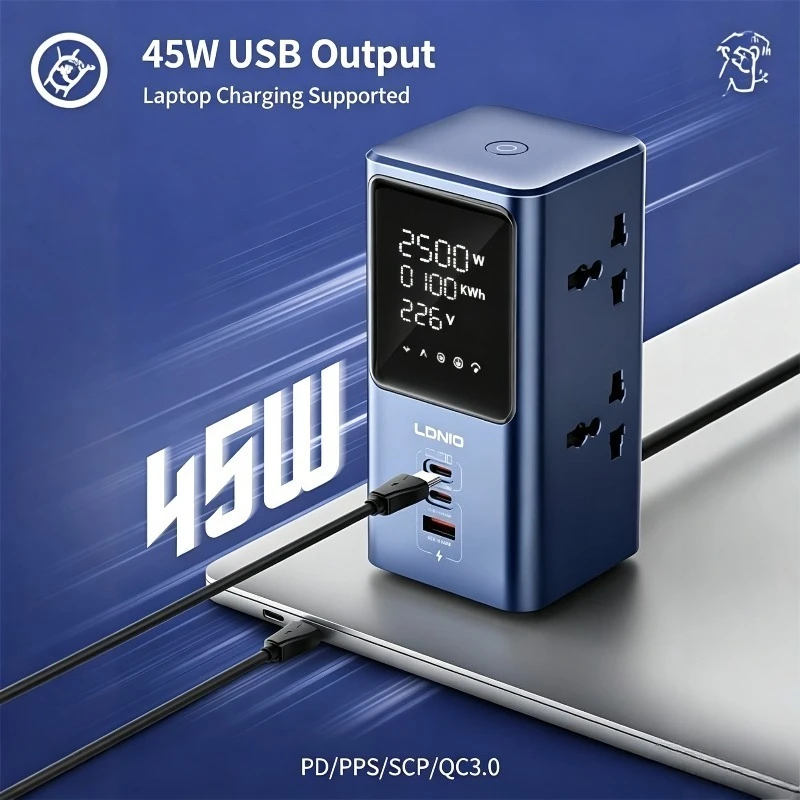 Brand-new vertical plug-in 7-in-1 multi-port pd tower phonetic symbol tray with digital display multi-function wiring board