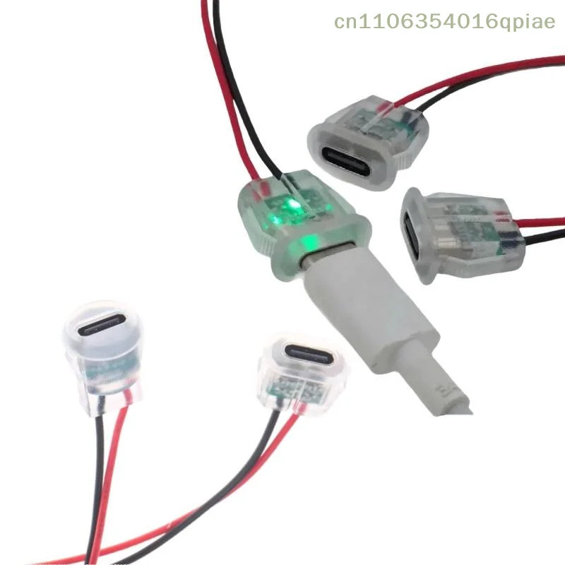 5/10 Pcs Waterproof USB-C Power Port Female Connectors Transparent 2Pin USB Type-C With LED Lights Input Type Charging Socket