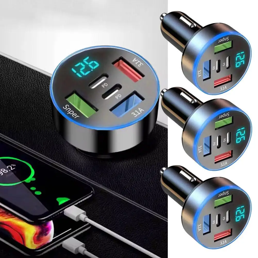 66W fast charge PD mobile phone charger digital display car charger to QC3.0 car 4usb charger one four E9A3