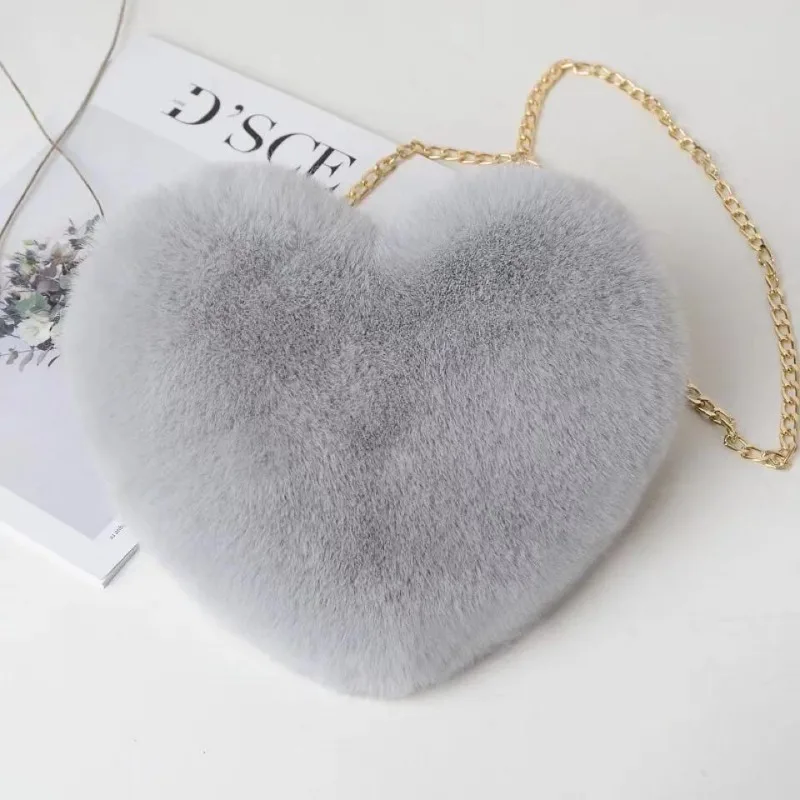 

Fashionable Love Bag Peach Pericarp Women's Chain Crossbody Bag Plush Shoulder Fur Bag Coin Wallet