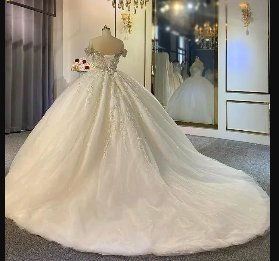 

Customized Off the Shoulder Sparkly Beads Crystals Luxury Bridal Dress Sweep Train Vestidos De Novia Ballgown Wedding Gowns