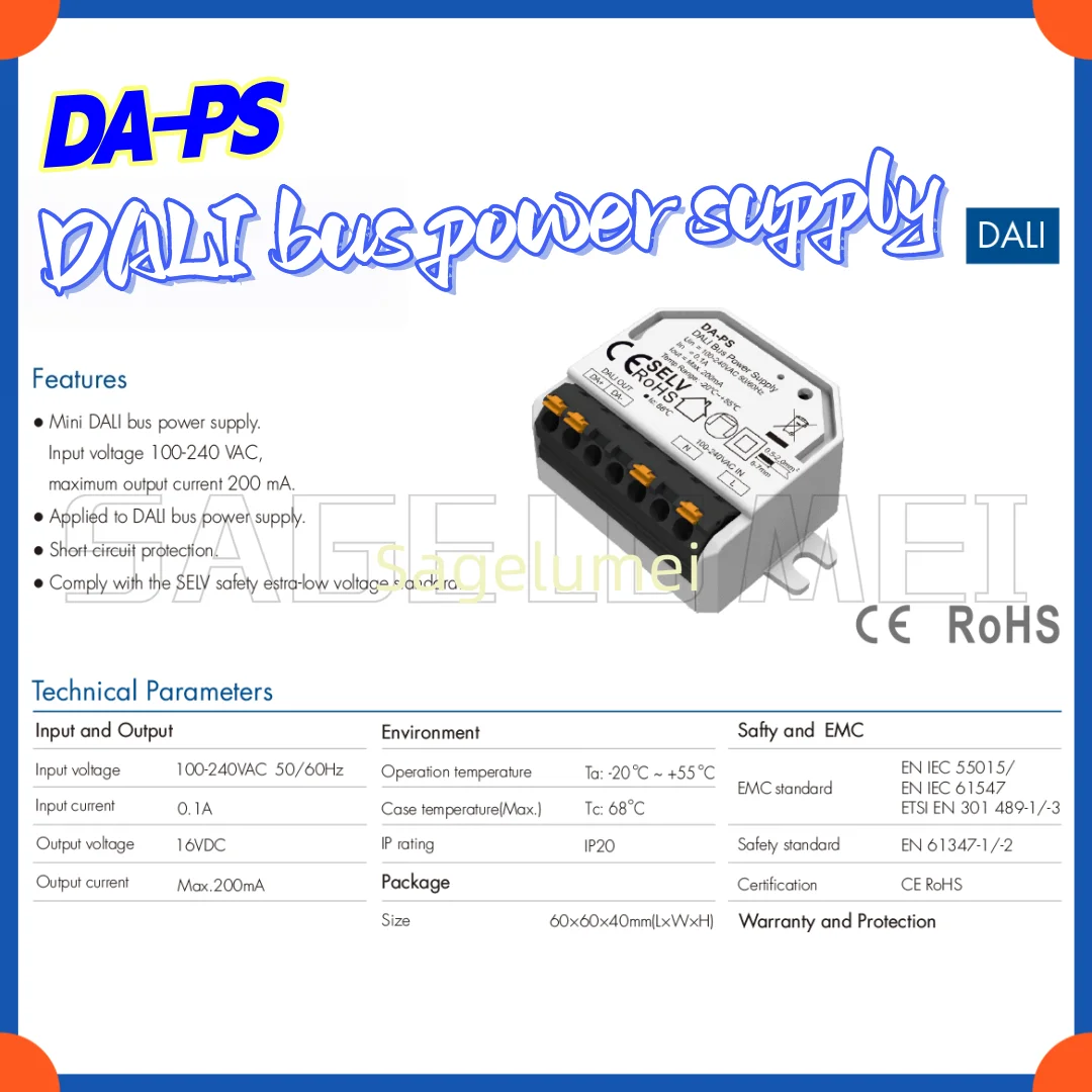 

DA-PS Mini DALI Bus Power Supply AC110V 220V 230V Ток 200mA SELV страховочный стандарт Применимо к источникам шины DALI