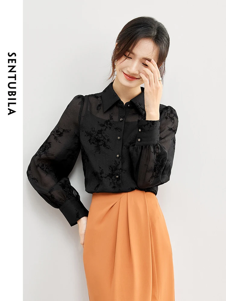 SENTUBILA Black Lapel Printed Long Sleeve Blouses Tank Top 2024 Spring Chinese Style Loose Button Up Shirt Camisole 141C53374