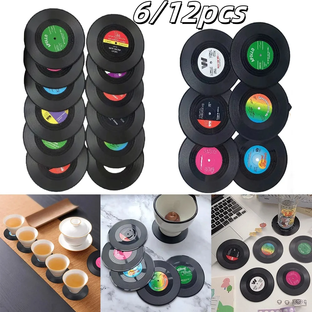 6/12pcs Vintage Mug Coaster Colorful Retro Record Disk Coasters Circular Cushion Coffee Table Decor Thermal Insulation Coaster