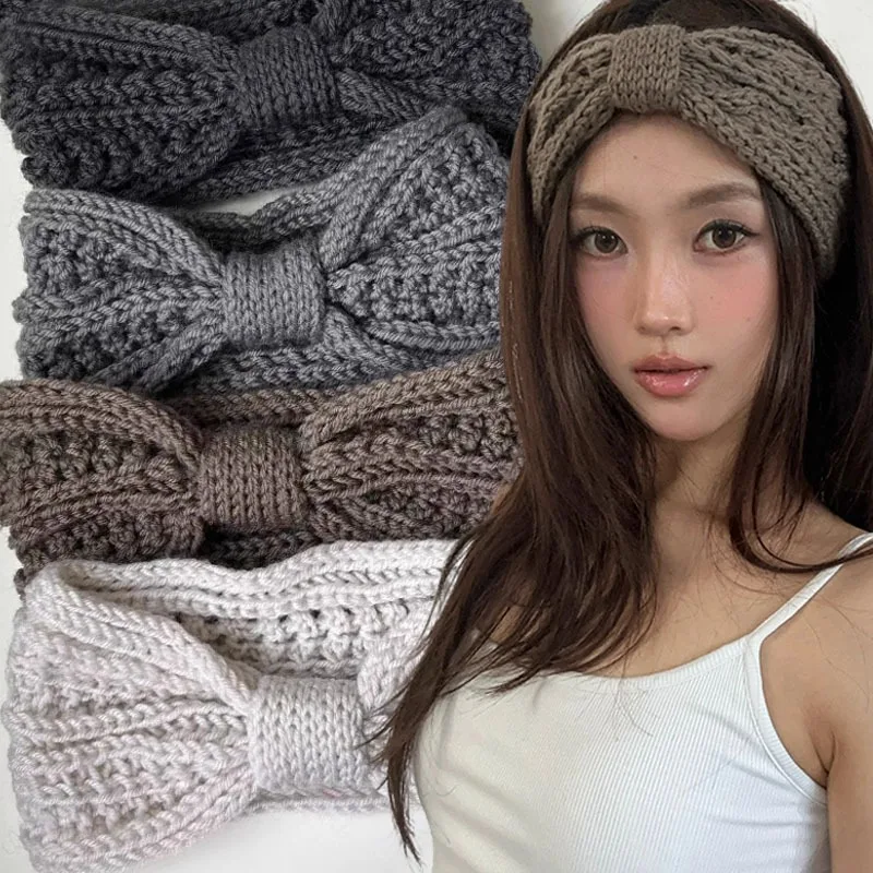 

Корейские зимние вязаные повязки на голову с бантом для женщин и девочек, модные повязки для волос Y2K, эластичные спортивные головные уборы для йоги, аксессуары, подарки