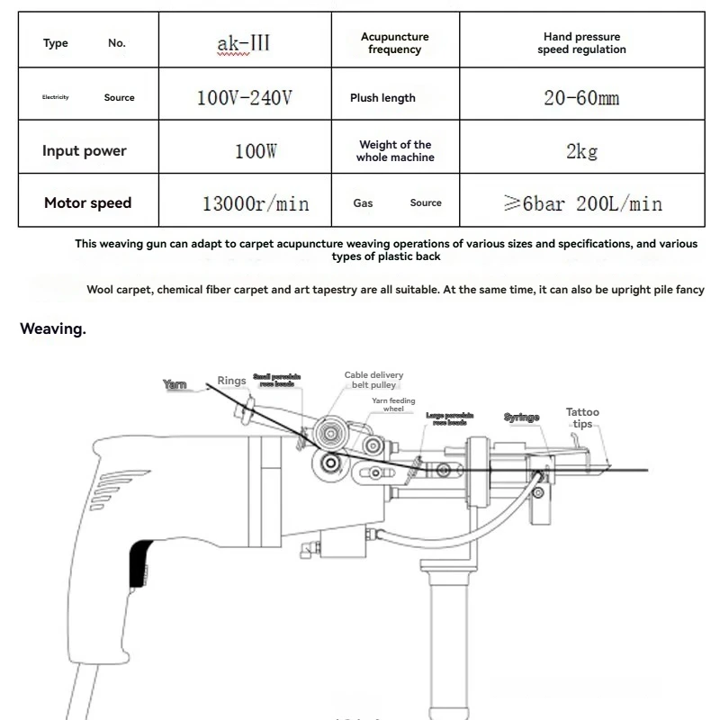 Professional Pneumatic Tufting Gun Carpet Weaving Tool Long Pile Rug Making Machine for DIY Textile Art Craft Projects Home Use