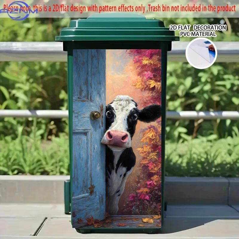 1pc 2D Flat Artistic Self-Adhesive Dustbin Sticker - Cow Peeking Behind Blue Door with Autumn Falling Leaves Design, x cm PVC