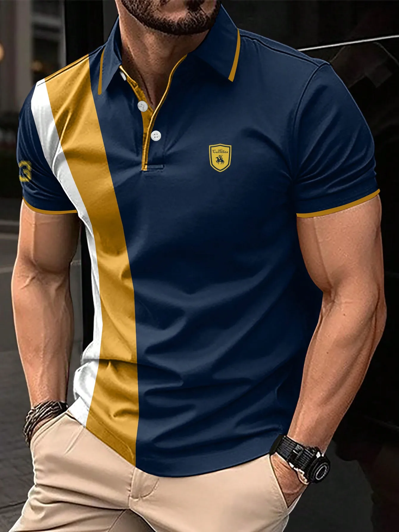 Men's Colorblock Polo Shirt with Shield Logo, Short Sleeve, Casual Wear