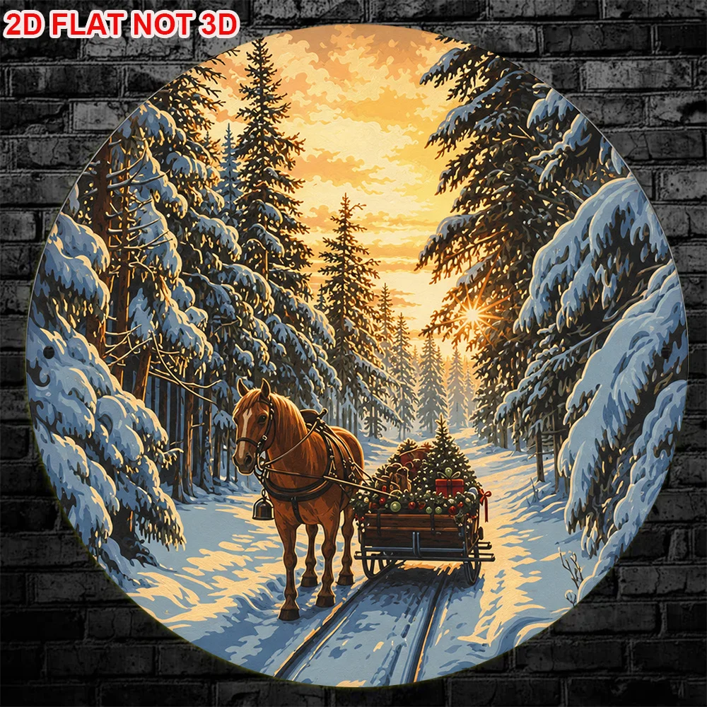 2D Flat, 1pc 8x8in/20x20cm 2D Flat Round Sign, Vintage Plaque Featuring a Winter Snow Scene with a Carriage Delivering a Christm