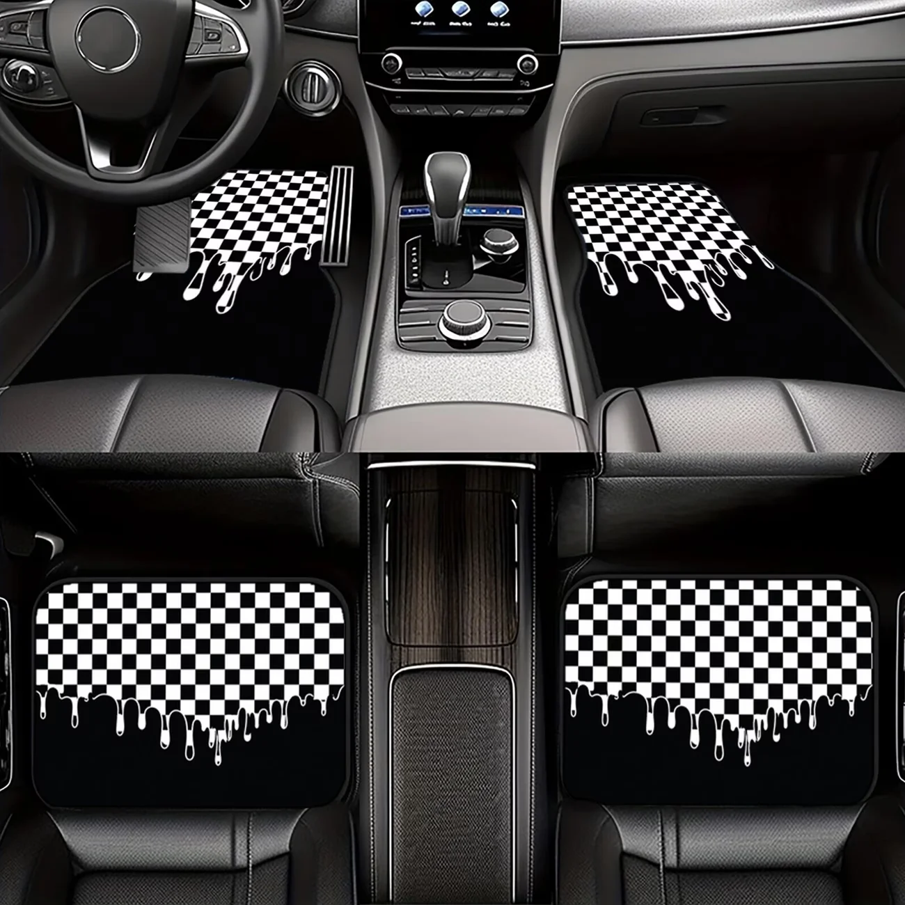 4-Piece Set of Black and White Checkered Flag Splash Pattern Printed Car Floor Mats, Stylish Racing Style Interior Decoration, Universal Car Carpet Mats for Men and Women