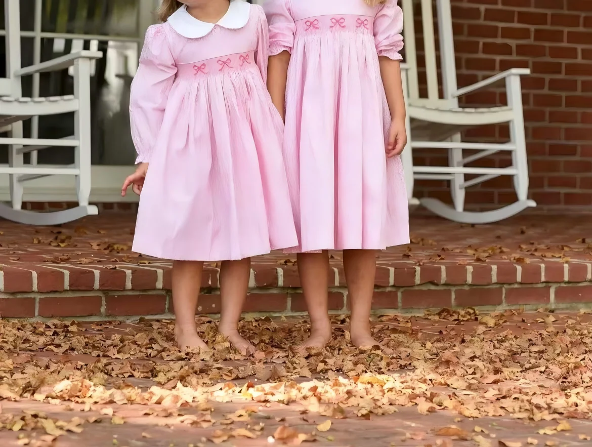 

0-12Y Baby Girl Autumn Pink Floral Handmade Embroidery Smocked Dress Rompers for Birthday Photography Holiday Eid A301