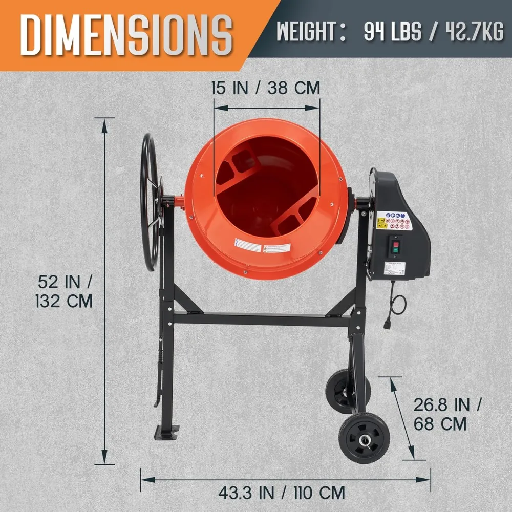 4.9 قدم مكعب. خلاط أسمنتي كهربائي، آلة خلط الخرسانة المحمولة بقدرة 550 وات مع أسطوانة سعة 140 لتر، محرك 110 فولت، دوران 30 دورة في الدقيقة