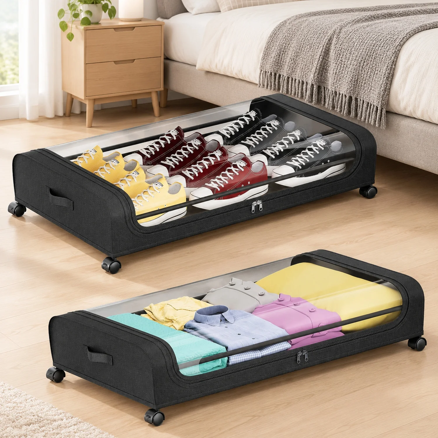 2Packs Under Bed Storage Containers Rolling Clothing Organizer 42L/11Gal Under Bed Drawers with Clear Lid 360° Lockable