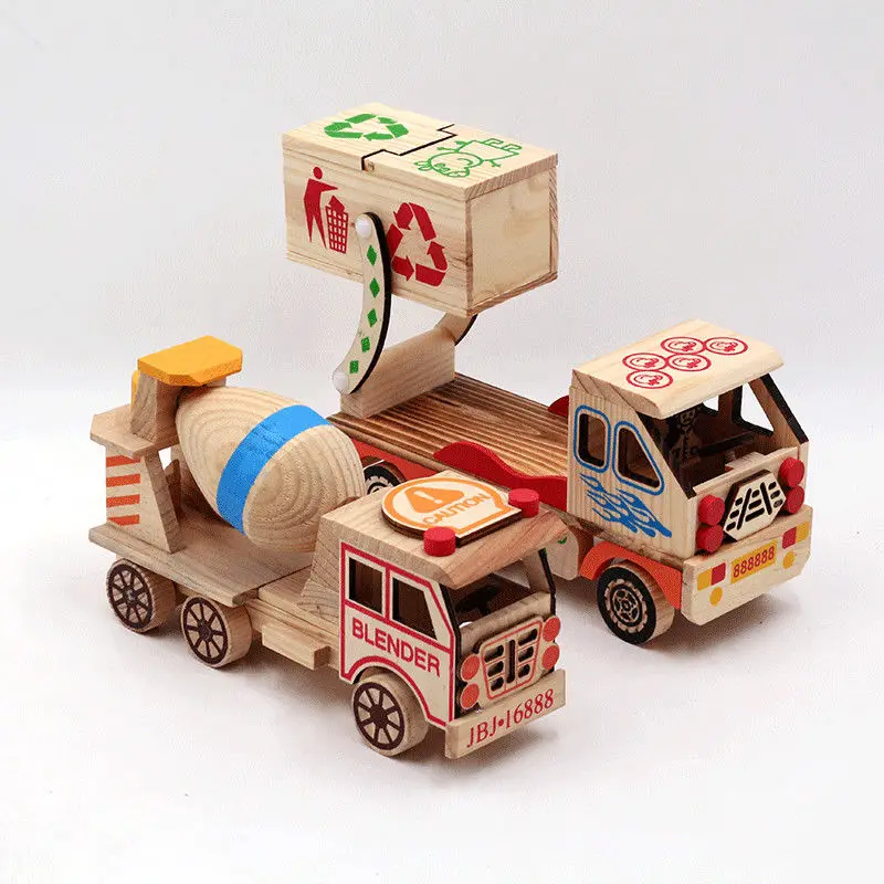 Colorful wooden engineering car model ornaments children's toys mixer dump truck living room home decorations gifts