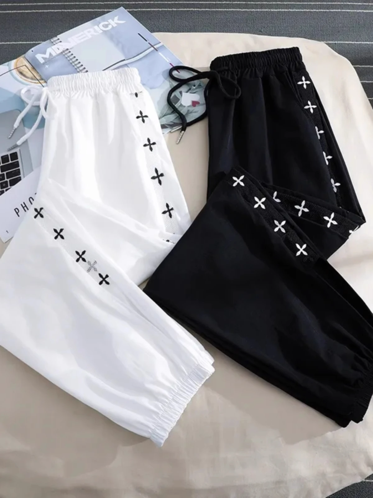 

Ice Silk Qui Dry Sports Pants Women Summer Thin Loose Cuffed Me Casual Mosquito Proof Lantern Pants High Waist Nine Points