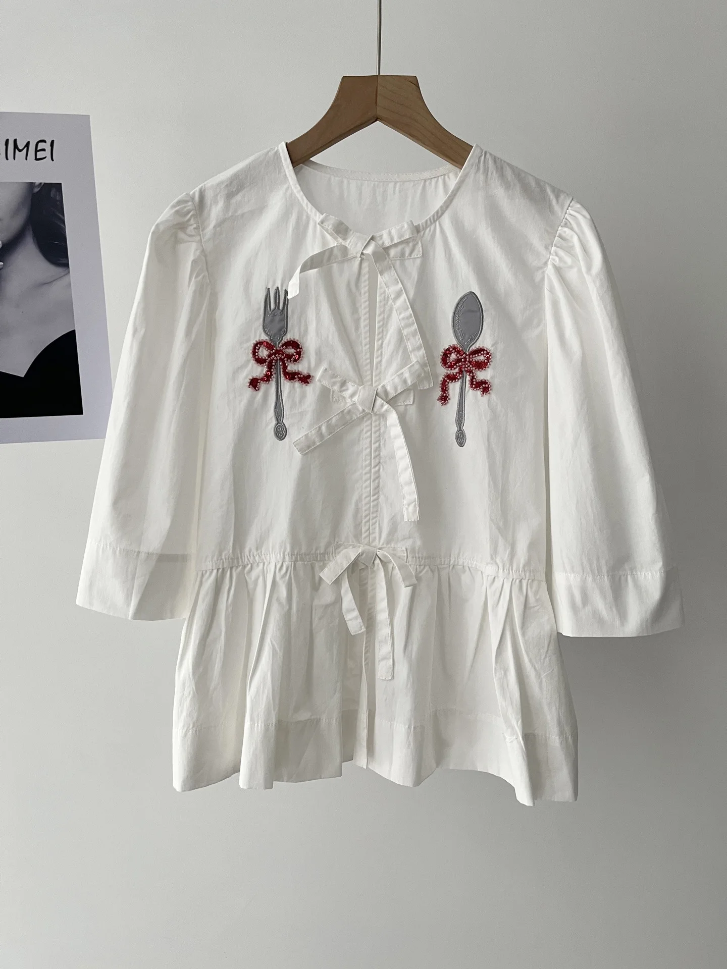 

Bow Shirt Short Sleeve French College Romantic Little White Shirt Women's Top Jacket Summer 082-1045