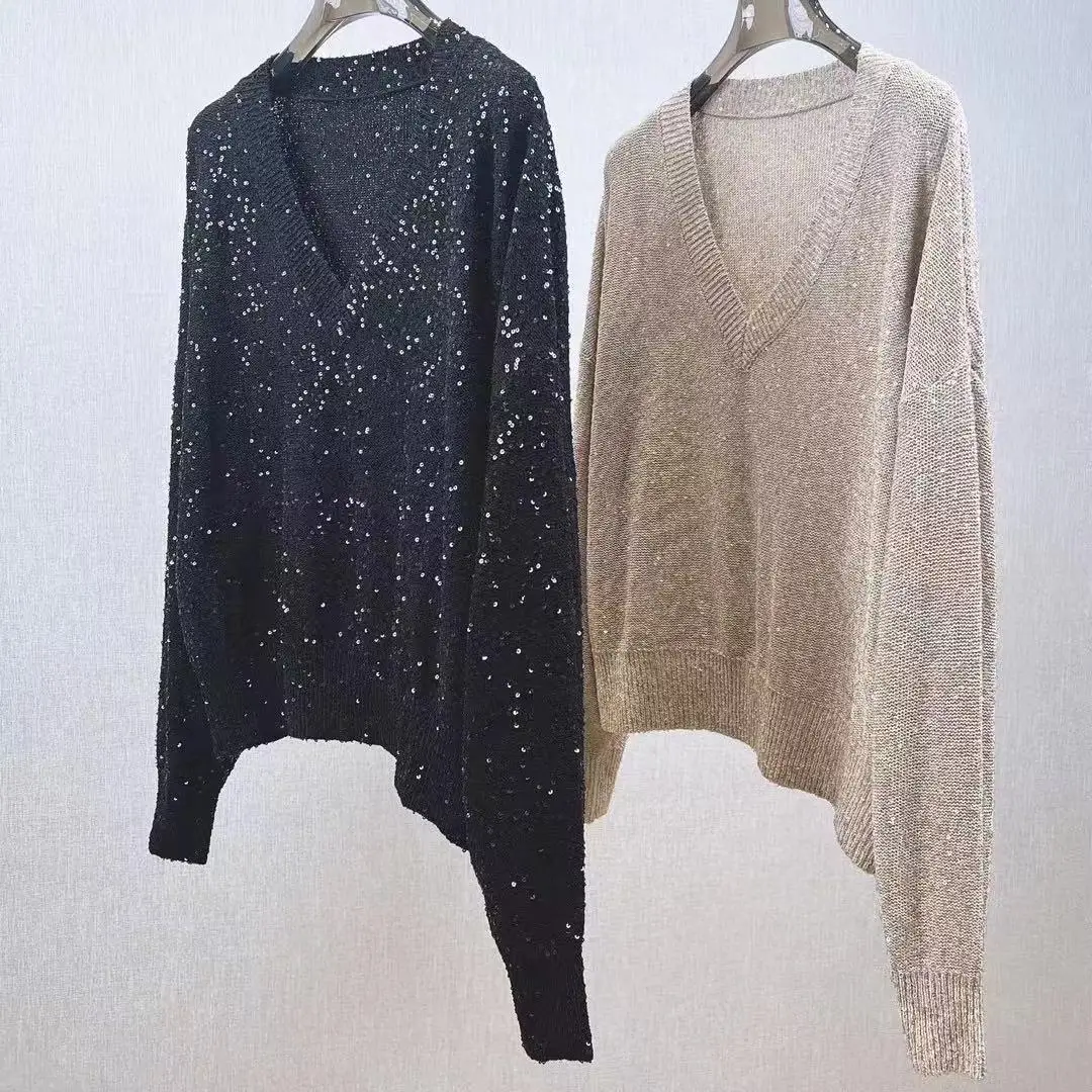 Pullover For Ladies 2024 New Spring Sequin V-neck Loose Casual Long Sleeve Knitted Sweater