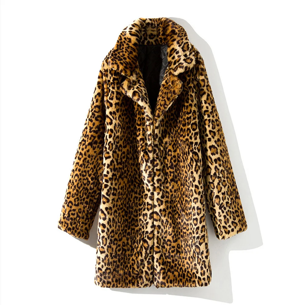 S-4XL Winter Warm Open Stitch Turn-Down Neck Loose Plush Jacket Women Faux Fur Leopard Cardigan Ladies Thick Long Coat