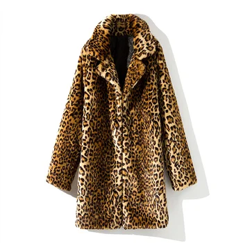 Image S-4XL Winter Warm Open Stitch Turn-Down Neck Loose Plush Jacket Women Faux Fur Leopard Cardigan Ladies Thick Long Coat