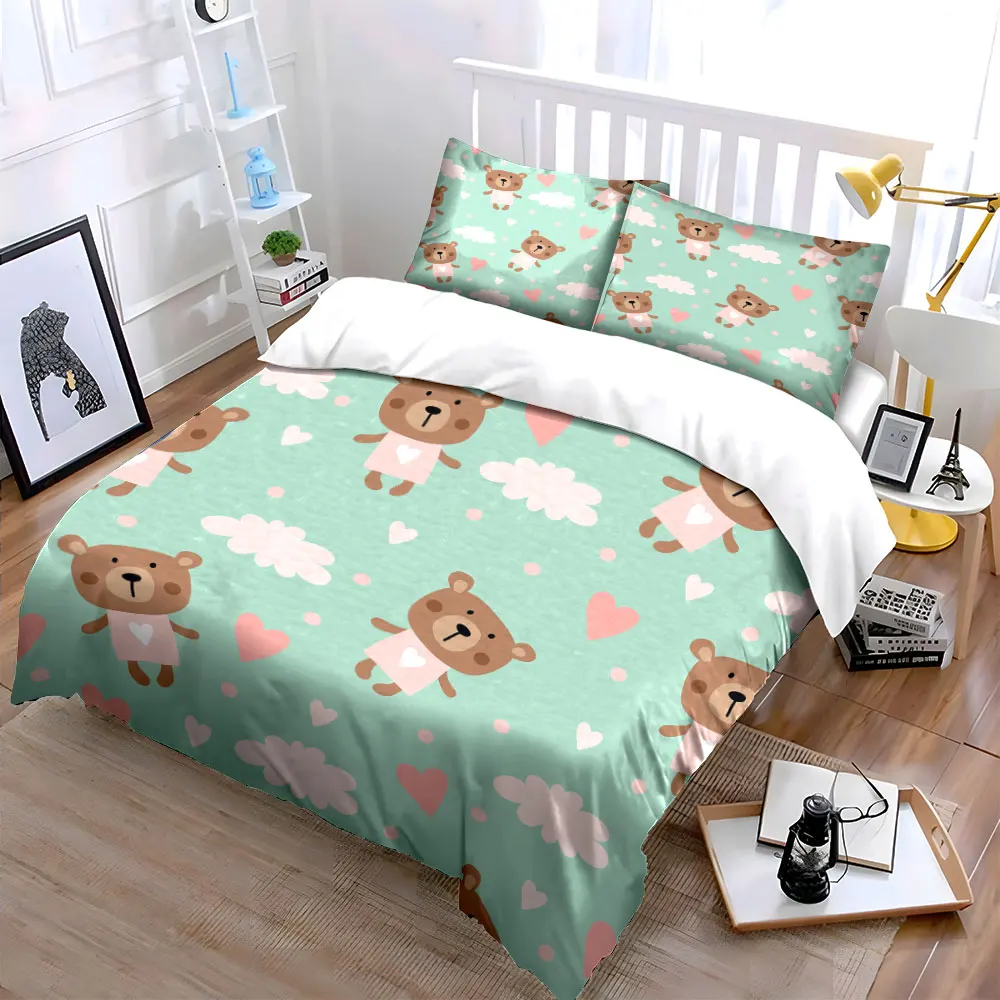 Cute bears with heart background Bedding Set for Kids Luxury Gift 3pcs Digital Print Comforter Set Soft Comfortable Breathable