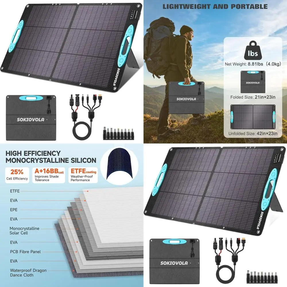 

Портативный солнечный комплект 100 Вт - Высокоэффективный (25% коэффициент преобразования), водонепроницаемый (IP68), идеально подходит для кемпинга и активного отдыха на природе