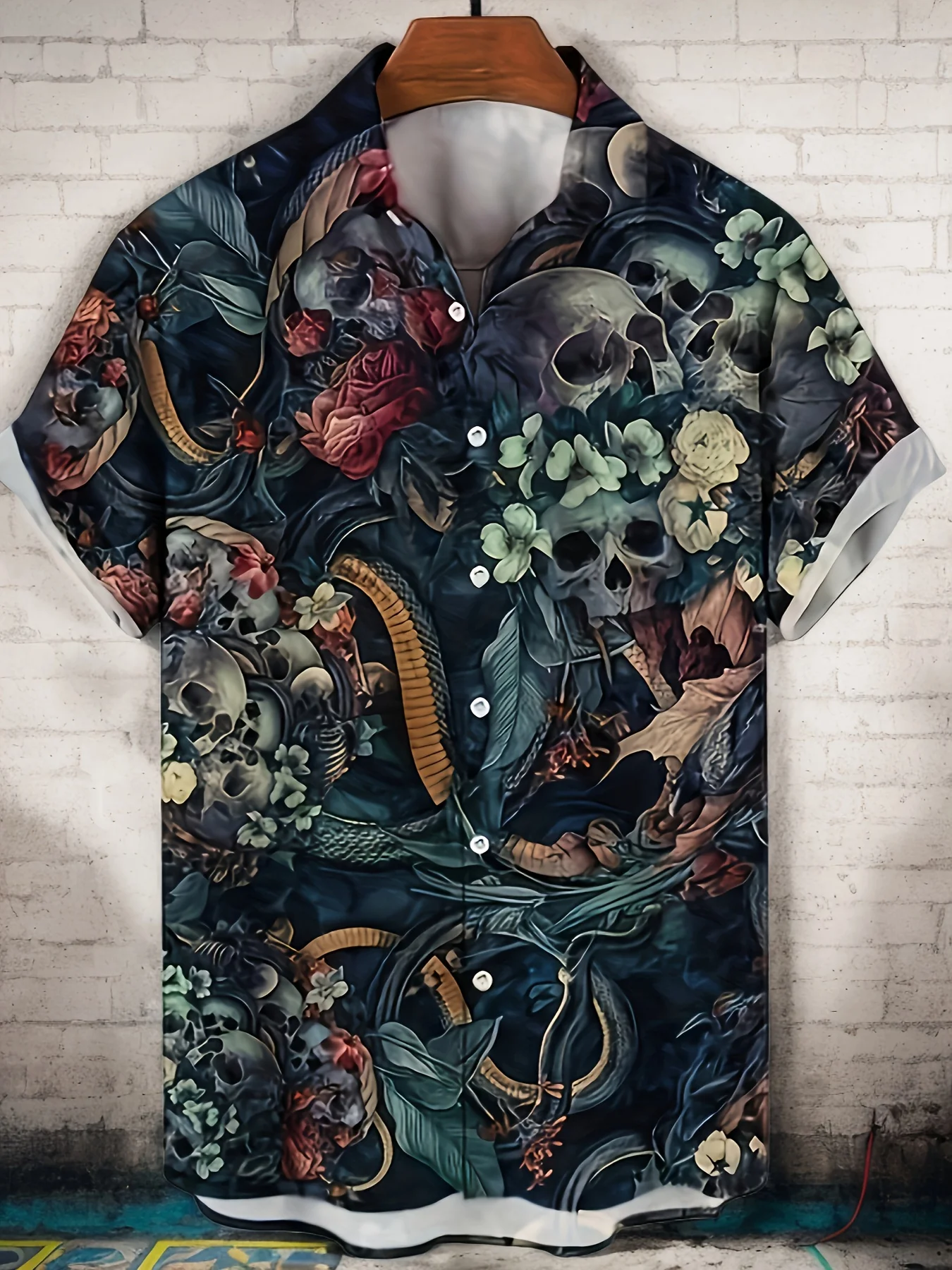 Men Vintage Skull Snake Floral Leaf All‑Over Print Short Sleeve Shirt Lapel Collar Button‑Up Polyester Gothic Party Blouse