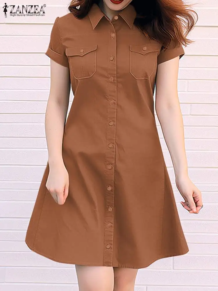 

Платье ZANZEA женское с отложным воротником, модная рубашка с коротким рукавом, элегантный однотонный офисный сарафан на пуговицах, лето 2024