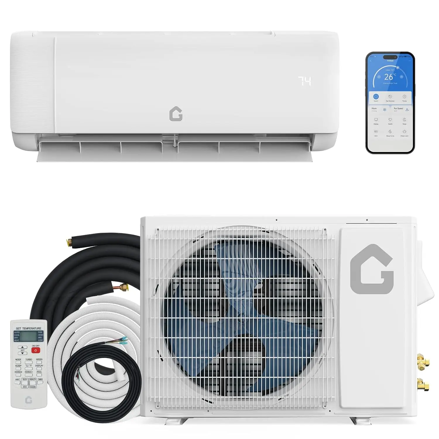 18,000 BTU Mini Split Air Conditioner with Heat Pump, 19 SEER, Cools Up to 1250 Sq. Ft, Inverter AC with Installation, Custom