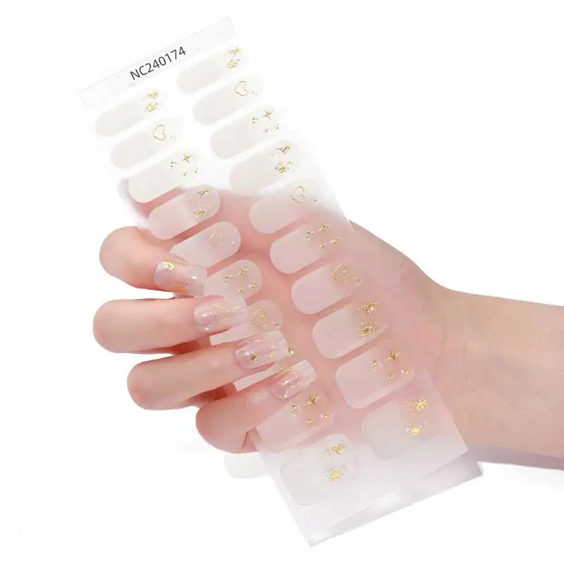 Vernis à ongles Gel Semi-durci scintillant, couverture complète, étoile brillante, à pois, autocollant, décor de manucure longue durée, 20 pointes