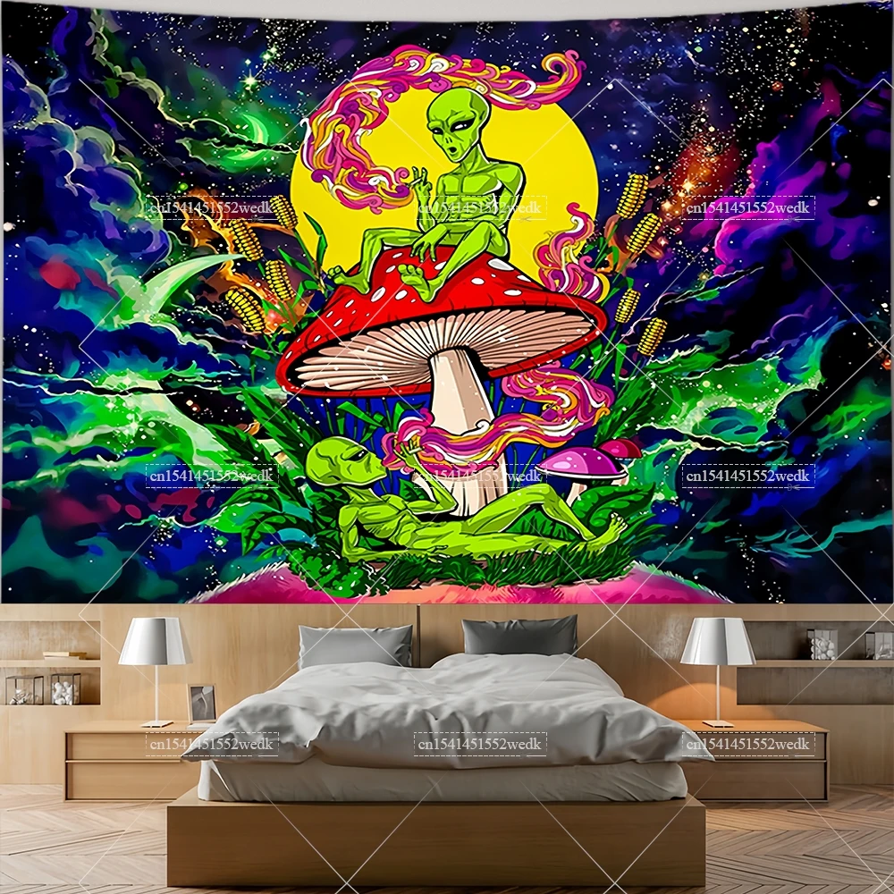 Smoking Alien Mushroom Tapestry Trippy Hippie Skull Weed Leaf Tapestries Wall Hanging Aesthetic Bedroom Decoration Wallpapers