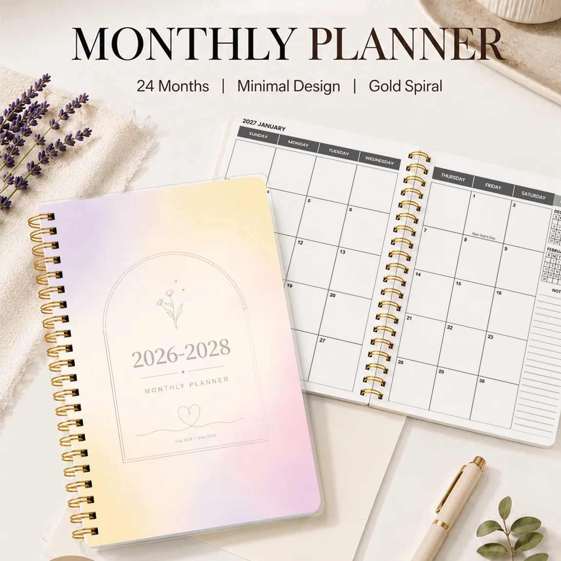 1PC Jul 2026-Jun 2028 Monthly Planner, Pastel Gradient A5 8.15x5.71in, Gold Spiral, Monthly Layout for Work & Daily