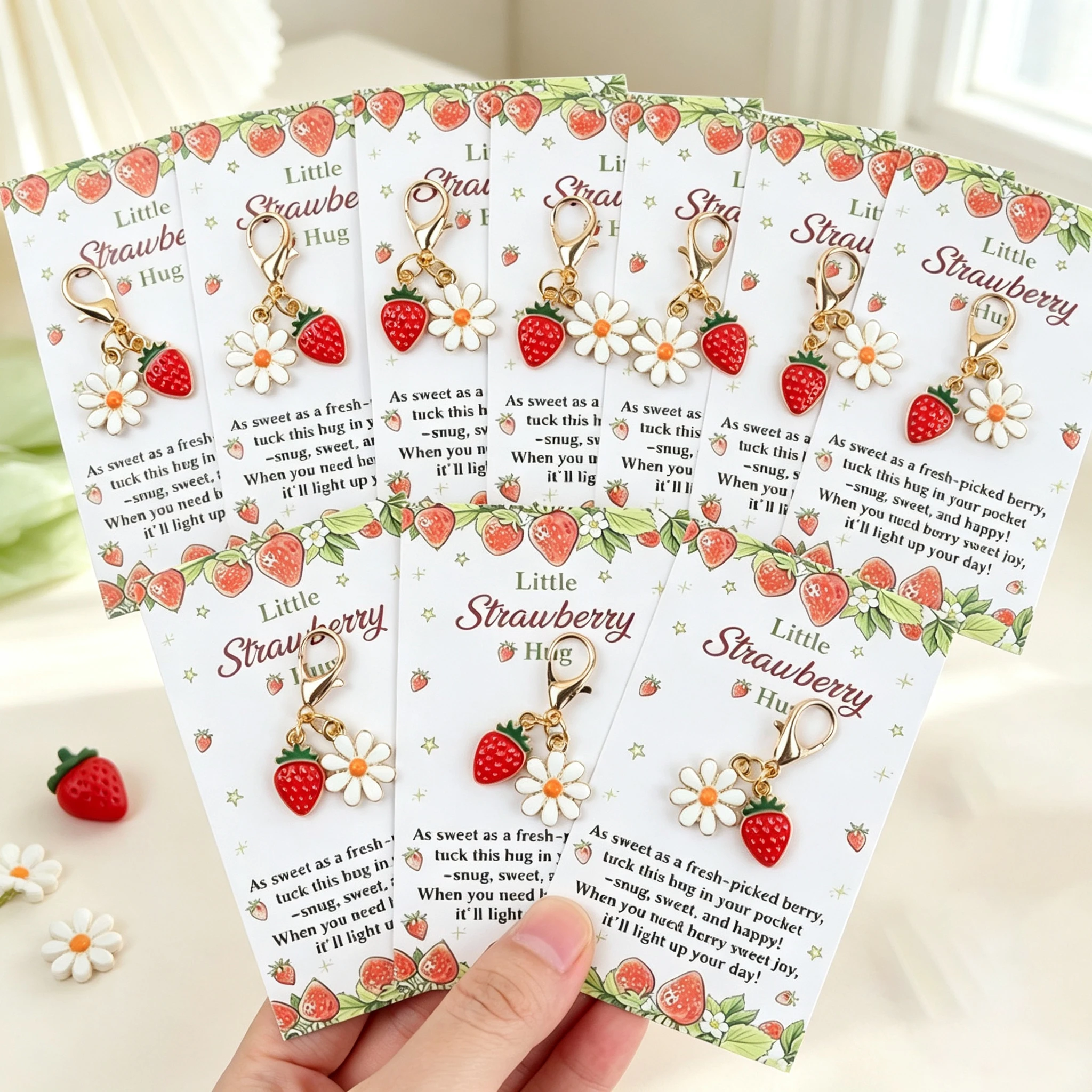 10 Charming Strawberry Flower Keychains for Him/Her, Available in Gold and Silver, with an Accompanying Encouraging and Joyful Greeting Card, Suitable as Gifts for Anniversaries, Birthdays, Parties, Holiday Greetings, Christmas, Thanksgiving, Valentine's Day, or as Small Backpack Charms.
