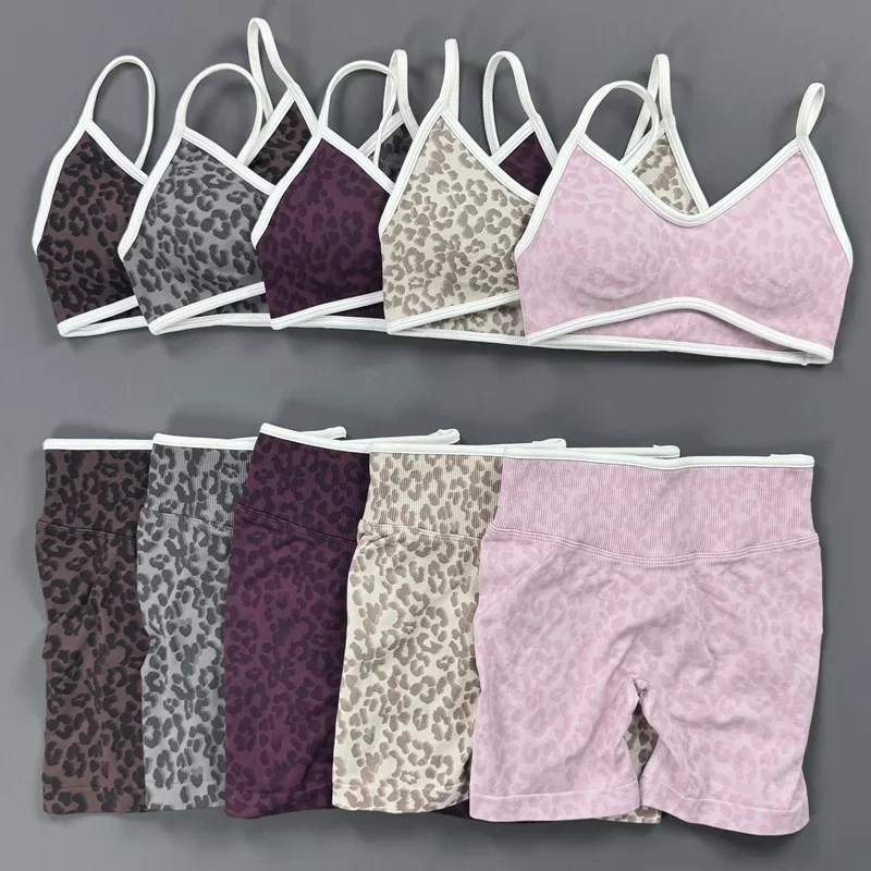 2 Pieces Sports Set Women Leopard Print Strap Bras Ribbed Trim Padded Crop Top High Waist Shorts Casual Daily Lounge Yoga Suit
