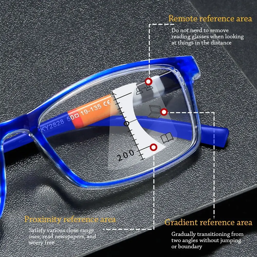 Óculos de leitura de luz anti-azul, proteção ocular multifocal, óculos quadrados, bloqueio de raio azul, progressivo perto e longe, PC