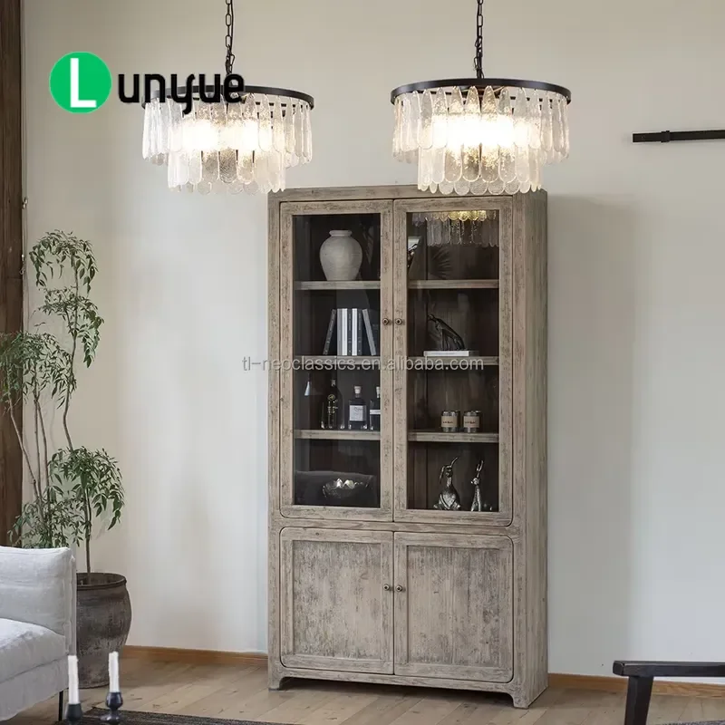 Antique Country Style Solid Wood Wine Cabinet Handmade Eco Friendly Glass Display Large Storage Villa Home Furniture