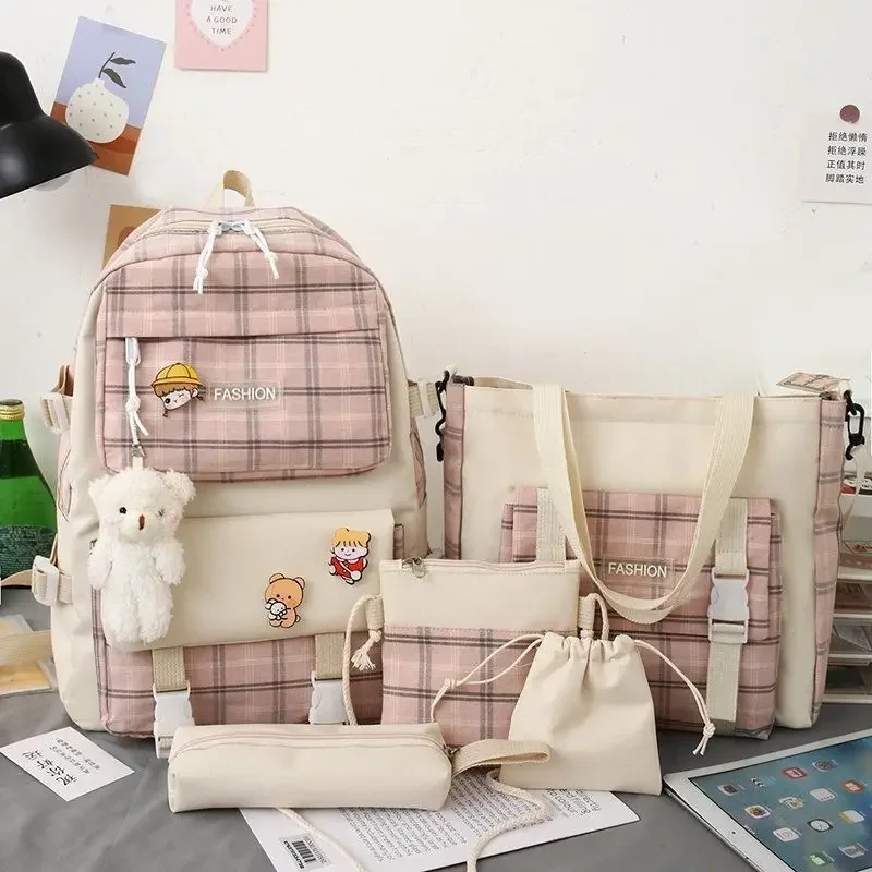 

Women Backpack Single Shoulder Bag Pencil Case Five Piece Set Student Cute Plaid College Style High Capacity Buckle Outer Bag