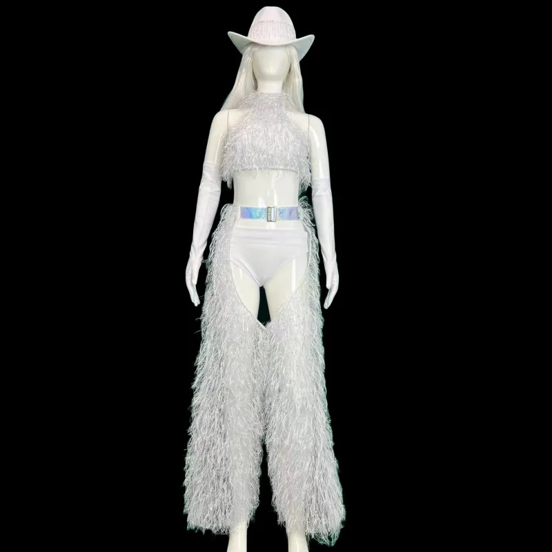 Bar Nightclub DJ DS Performance Rave Outfits Women Sexy Gogo Dance Costume Singer Dancer Team White Plush Tops Pants Hat Set - Image 6