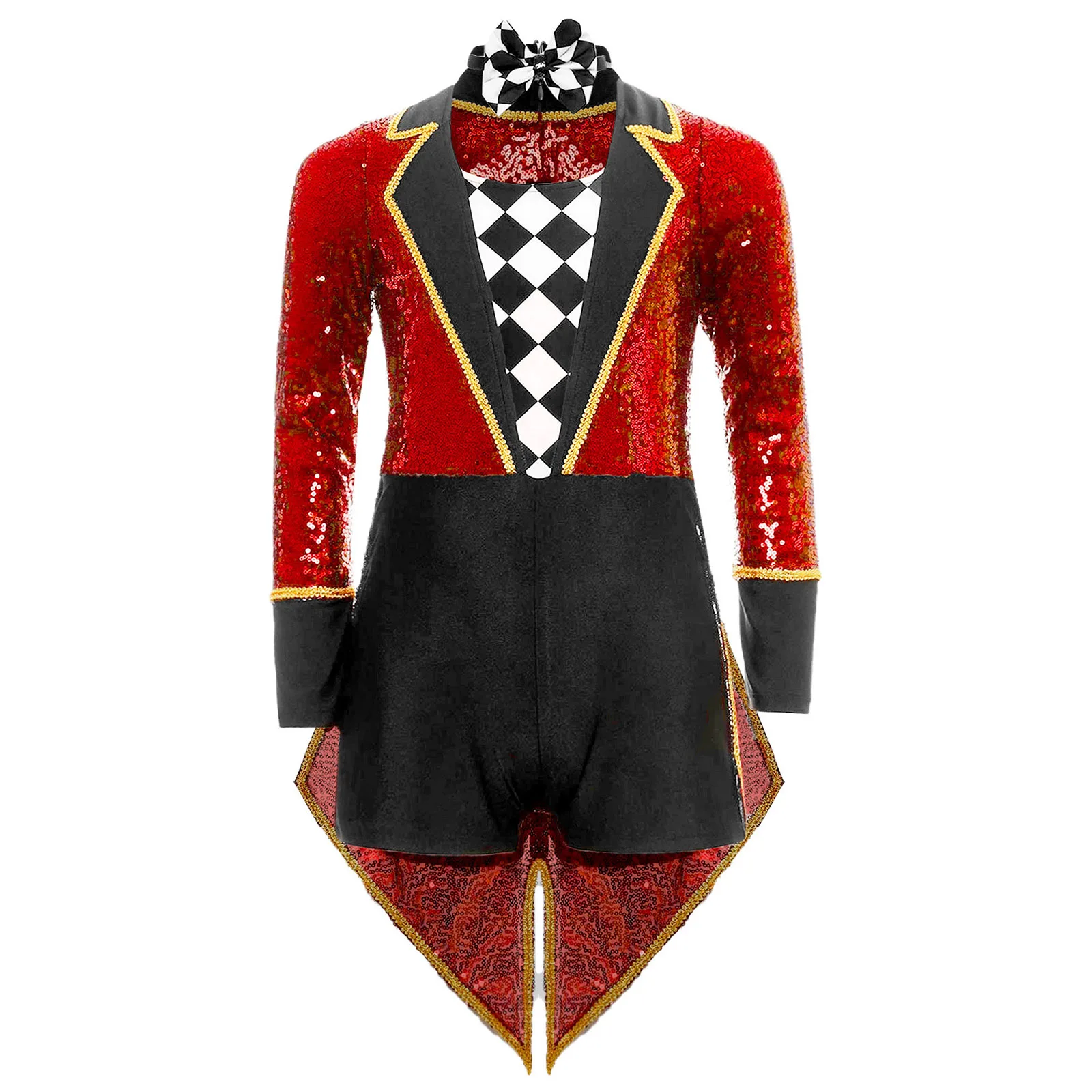 

Unisex Girls Boys Halloween Circus Costume Magician Cosplay Long Sleeve Sequins Checkerboard Tailcoat Bodysuit with Bow Tie Set