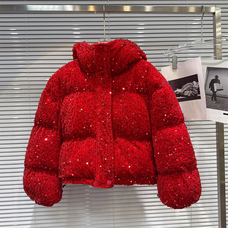 Fashion Sequins Thick Warm Short Hooded Cotton-Padded Coat Black White Red Casual Long Sleeve Winter Women Cotton Parkas Coats