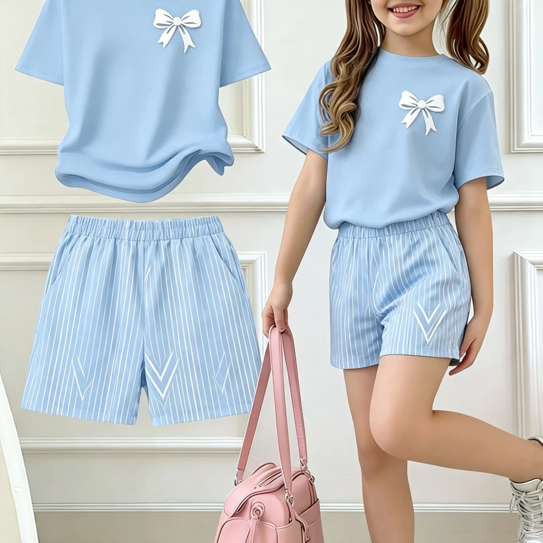 Mädchen-Set mit kurzärmeligem T-Shirt und Shorts mit Schleifenmuster, Frühling und Sommer, Back-to-School-Outfit, Y2K-Hippie-Kinder, weiche, lässige Alltagskleidung – Detail 4